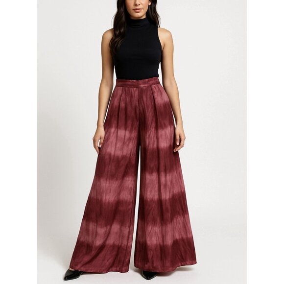Wide Leg Casual Pants High Waist Bow Tie-Dye Gradient Pink Palazzo - Picture 1 of 8